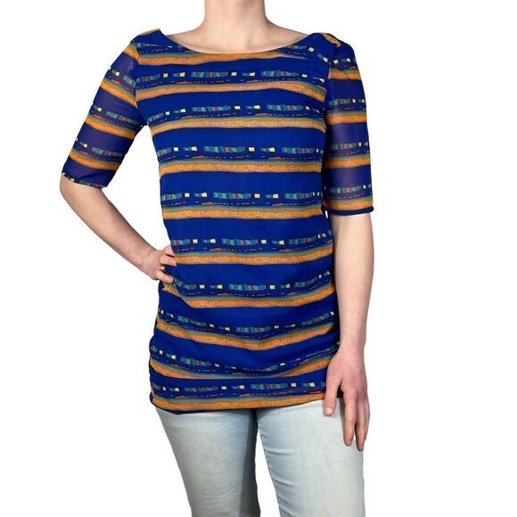 Ophelia Blue and Orange striped open back 3/4 Sleeve Top - Picture 1 of 7